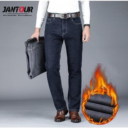 JANTOUR Men Jeans Winter Fleece pants 2020 New Business Casual Trousers Thicken Elasticity Straight Work Jeans Men Size 28-42