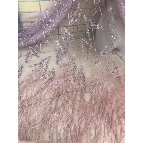 Hot Sale french lace with sequins 5yards/lot african feather lace fabric L-98525 high quality african tulle lace