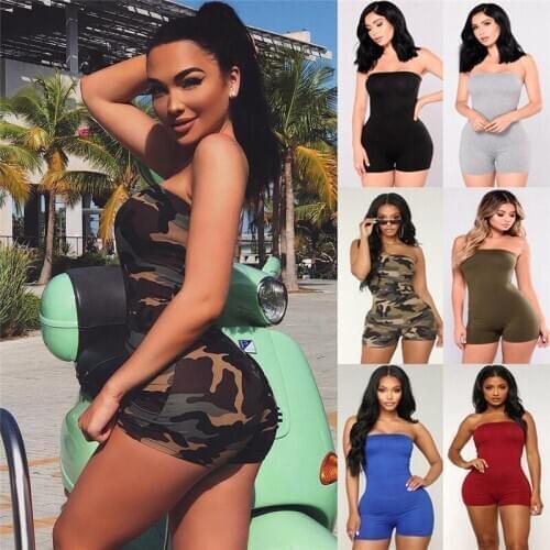 Imcute Women Casual Sleeveless Bodycon Romper Jumpsuit Clubwear Playsuit Off Shoulder Strapless Camouflage Short Pants Playsuits