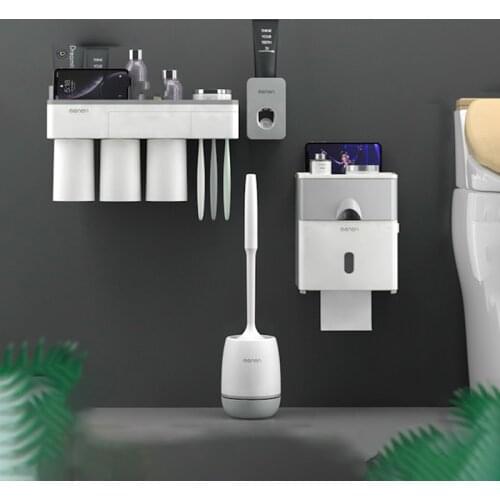 Magnetic Adsorption Inverted Toothbrush Holder Automatic Toothpaste Squeezer Multifunctional Toilet Paper Holder Toilet Brush