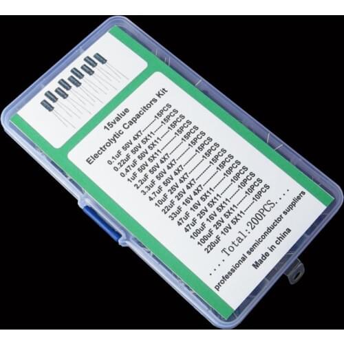 15values 200pcs Electrolytic Capacitor Organization Storage 0.1-220uF Capacitors Assortment Box Kit