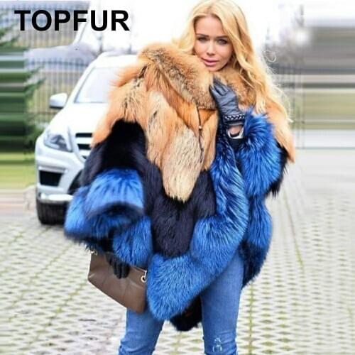 TOPFUR Real Fur Cape Women Real Fox Fur Cape In Real Fur Cloak Shawl Full Sleeves O-Neck Thick Wram Jacket Women Full Pelt Shawl