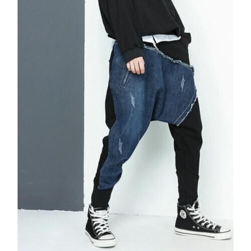 2020 spring and autumn new pants original BF wind denim stitching feet harem pants elastic waist was thin beam pants tide