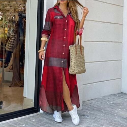 Autumn Long Dress Long Sleeve Shirt Dress Women Long Dresses Pocket Button Shirt Print Dress Casual Loose Dresses
