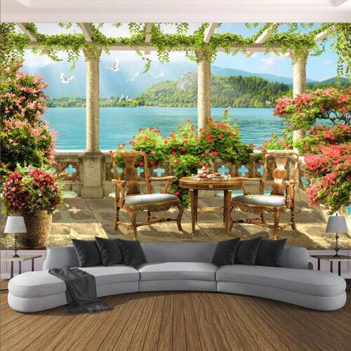 Custom Photo Wallpaper 3D Stereo Balcony Lake Scenery Nature Mural Living Room Restaurant Backdrop Wall Decor Papel De Parede 3D