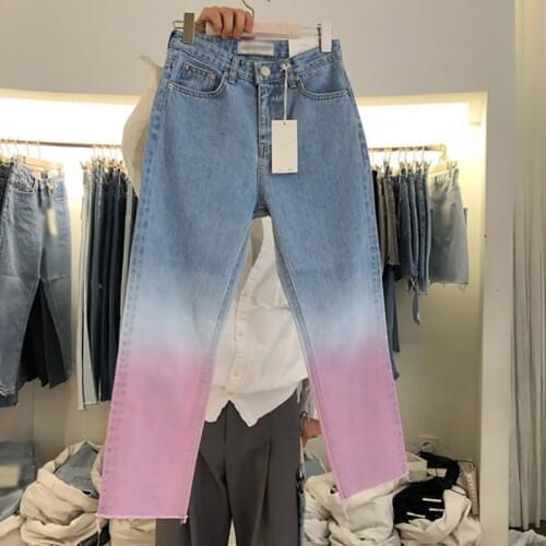 Pink Jeans Personalized Design Gradient Tie-Dye Burr Jeans