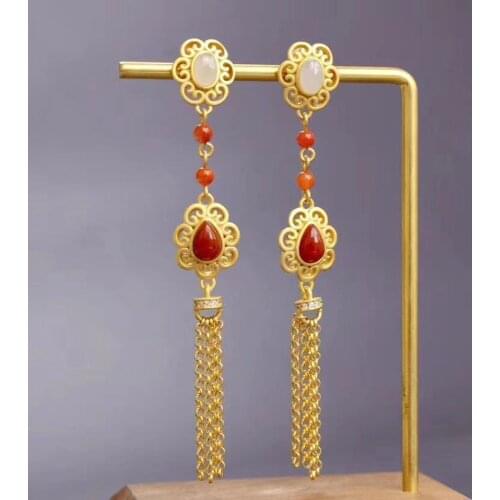 S925 Sterling Silver Southern Red Agate Stud Earrings Natural Hetian Jade Tassel Special Long Womens Ear Stud Earring Ear Rings