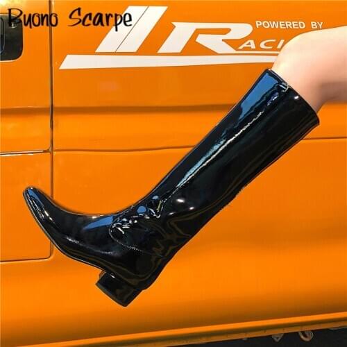 Genuine Patent Leather Chunky Boots High Quality Casual Dancing Shoes Brand Designed Womens Knee Boots Pointy Party Heel Boots