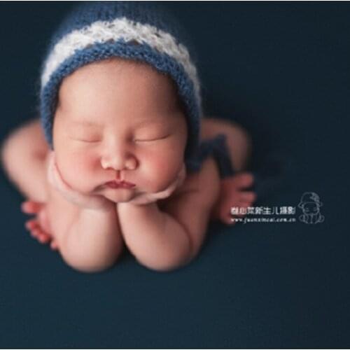 Dark Blue Mohair Bonnet Newborn Photography props Knitted Cap Newborn Boy Photoshoot Crochet Beanie Infant Hat