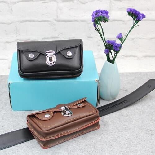 Mens Vintage Mobile Phone Waist Bag Leather Double Buckle Coin Purse Handmade Double Layer Casual Storage Pouch