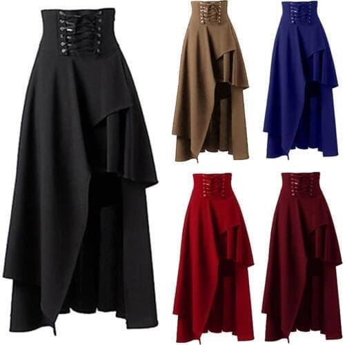 Steampunk Vintage Women Long Skirts Solid Color Bandage High Waist Pleated Lace Up Elastic Band Max Pleated Skirt