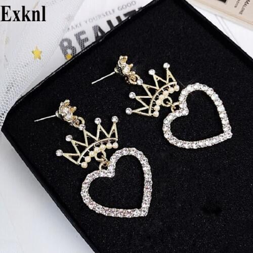 Exknl Crystal Crown Earrings for Women Geometric Heart Drop Earring Girls Wedding Party Statement Earings Fashion Jewelry
