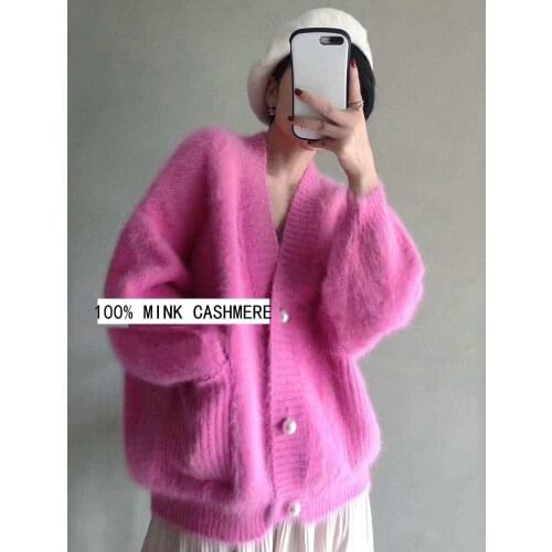 Women Angora Short Cardigans Sweater Autumn Winter Wool Knitted Coat Jumper Long Sleeves V-Neck Pearl buckle wsr782