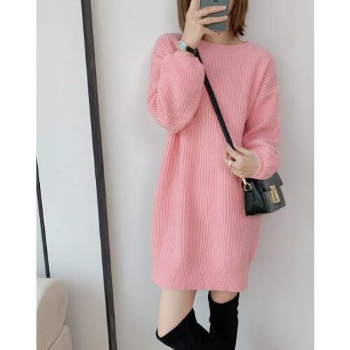 Autumn and winter new ladies O-neck sweater 100% pure wool long womens sweater loose large size warm knitted pullover