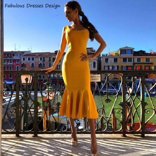 Golden Tea Length 2020 Prom Dresses O Neck Backless Mermaid Long Evening Dress Party For Women Elegant Vestido De Fiesta