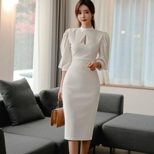 Evening Party Night White Dress for Women Lantern Sleeve Casual Office Work Dress Women Solid Elegant Women Dress Spring 2021