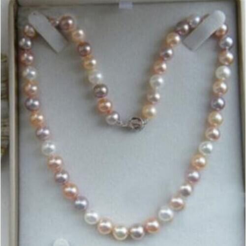 18" 9-10MM AKOYA NATURAL WHITE PINK PURPLE PEARL NECKLACE 925silver