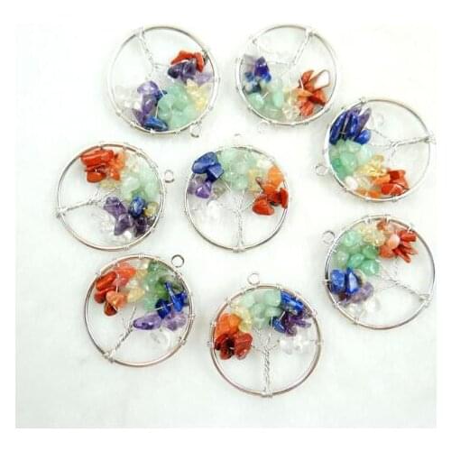 Natural stone Quartz Crystal Turquoises Wisdom Tree 7 Chakra Reiki Healing Tree Pendant for diy Jewelry making necklaces 6pcs