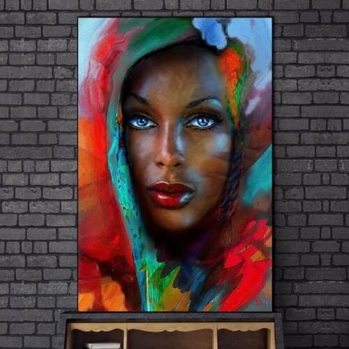 Blue Eyes Abstract African Woman Canvas Painting Wall Art Nordic Posters and Prints Wall Pictures for Living Room Decoration