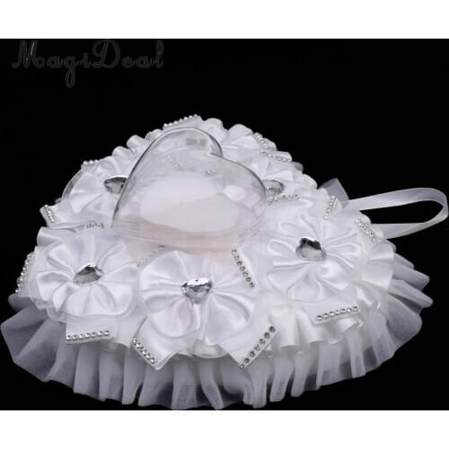 White Satin Heart Shape Ring Pillow Wedding Ceremony Ring Bearer Cushion