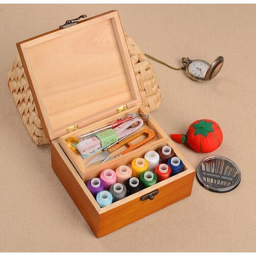 Wood Box Sewing Kit Needle Tape Scissor Multifunction Threads Sewing Accessories Tools Wooden Storage Box