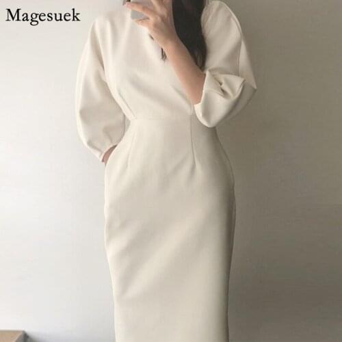 Elegant Ladies Office Dress Women 2021 New Fashion Sexy Solid Midi Dress Woman Puff Sleeve Summer Long Dresses Vestidos 12089