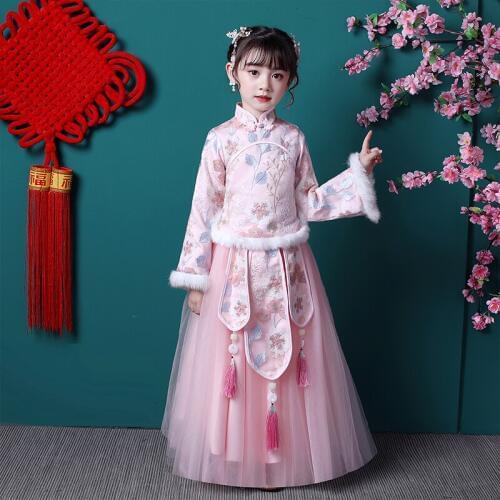 Chinese Flower girl wedding party ball Lace Embroidery dress Pink dress girl Princess first birthday party tail dress vestidos
