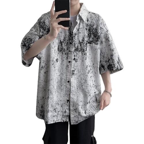 Fashion Color Rendering Short Sleeve Turn-down Collar Men Loose Casual Top Shirt Mens Clothing