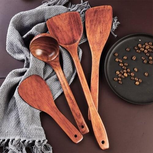 Natural Kemu Wood Smooth Tableware Sets Rice Spoon Spatula Oblique Shovel Soup Spoon Cooking Spoon Wooden Kitchen Tool Sets