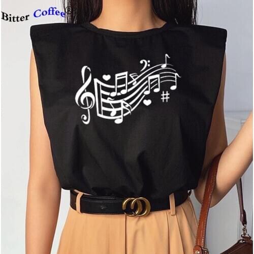 NEW Music Note Hearts Letter Print T shirt Women For Female Femmes Autumn Artist Sweet Lover Gift Sleeveless Top Shirt Plus Size