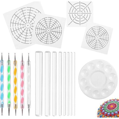 New Mandala Art Dotting Tools 18 Set Including 4 Mandala Stencils, 8 Acrylic Rods, Paint Tray, 5 Double Sided Dotting Tools