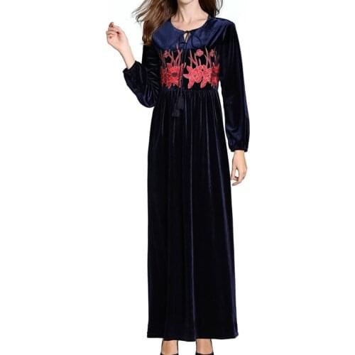 New Womens Muslim Dress Embroidered Gold Velvet Long Dress Ethnic Style Robe