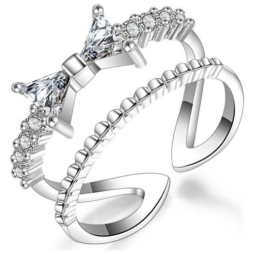 Wholesale Hot Sell New Fashion Bowknot Design Shiny Zircon 925 Sterling Silver Adjustable Size Rings for Women Jewelry Gift
