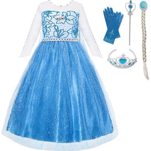 VOGUEON Girls Elsa Dress up Long Sleeve Mesh Snow Queen Elza Princess Costume with Long Train Halloween Kids Cosplay Party Dress