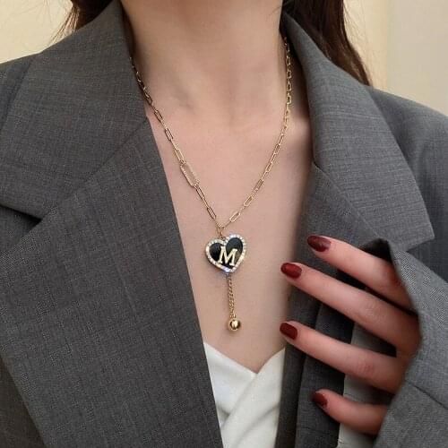 Origin Summer Fashion Love Heart Letter M Pendant Necklace for Women Exquisite Black Necklace Rhinestone Jewelry Accessories