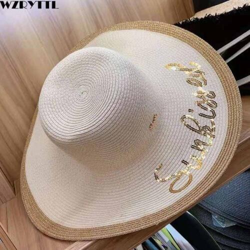 Summer Hat for Women Shining Cursive Embroidered letter Wide Brim Straw Hat Adjustable Beach Floppy Sun Hat Kentucky Derby hat