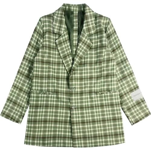 PERHAPS U Khaki Green Plaid Notch Collar Long Sleeve Pocket Loosefit Casual Chic Women Blazer C0192