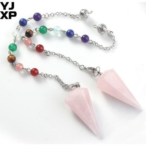 YJXP Silver Plated 7 Beads Link Chain Chakra Stone Dowsing Pendulum Rose Pink Quartzs Hexagonal Pyramid Pendant Fashion Jewelry