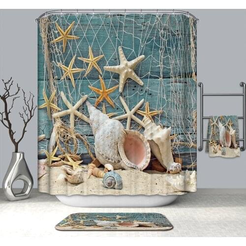 Eco-Friendly Polyester Fabric Shower Curtain Sandy Beach/Conch/Starfish Scenic 3d Pattern Thicken Waterproof Bath Curtain+Hooks