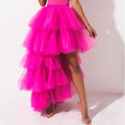 Hot PInk Tulle Skirts Tiered High Low Women Skirt Jupe юбка с высокой талие mujer faldas Black Girls Plus Size femme Skirts