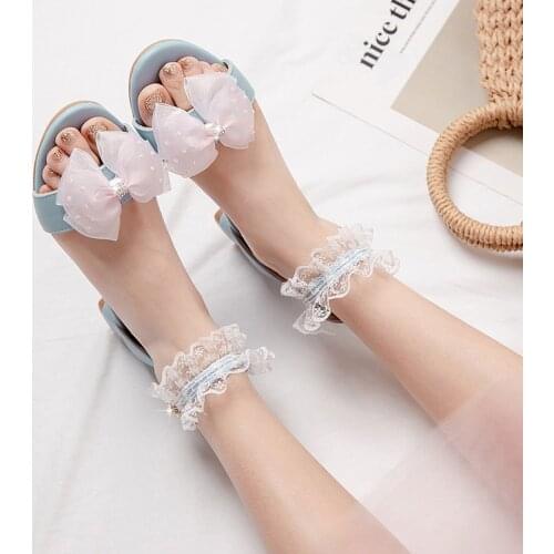 Women Shoes Small Size 26-43 Handmade Low Block Heels Party Lovely Butterfly Knot Ankle Strap Open Toe Girl Pink White Sandals