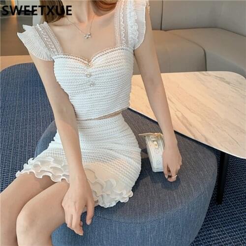 SWEETXUE Korean Fashion Sexy Cute Women Set Lace White Vest Mini skirt Two-Piece Suit Lady
