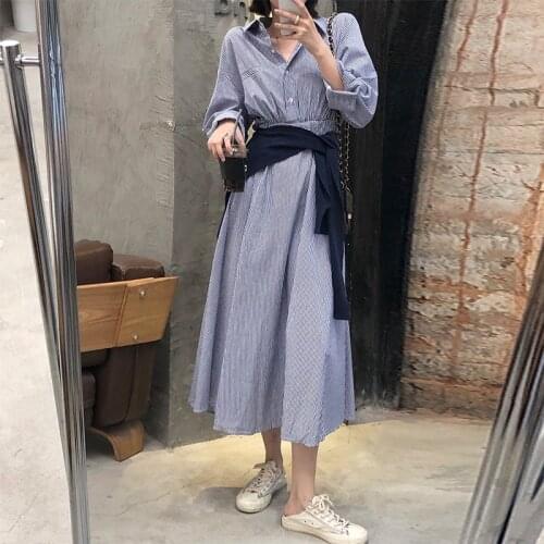 2021 New Women Spring Long Striped Shirt Dress Elastic High Waist A-line Maxi Dresses Stand Collar Full Sleeve