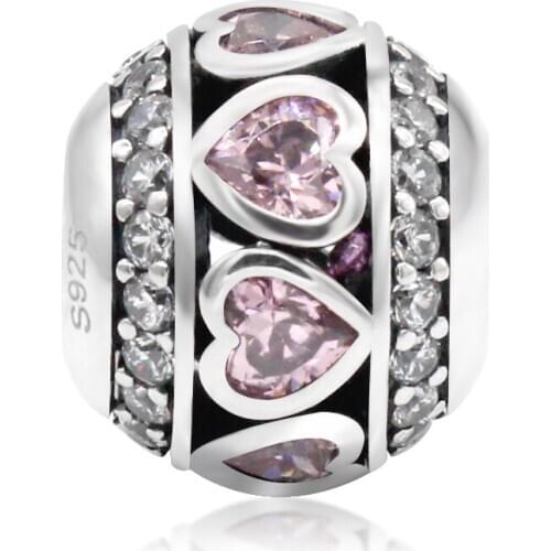 925 Sterling Silver Heart Pink CZ Charms fit Original Pandora Bracelets & Necklaces Beads Accessories for Women Jewelry Making