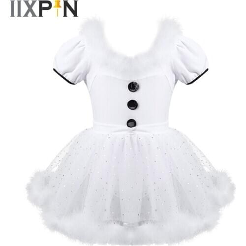 Kids Girls Ballet Dress Christmas Feather Trim Puff Sleeves Figure Ice Skating Dress Baton Twirling Sequined Mesh Leotard Dress
