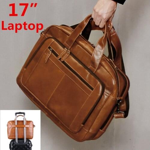 Large 17" Inch Laptop Bag Vintage Genuine Cow Leather 2 Layers Men Briefcase With Suitcase Holder