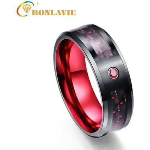 BONLAVIE Black 8MM Wide 3.0MM Thick Tungsten Steel Ring with Inlaid Red Carbon Fiber for Wedding Gift Size 7-12