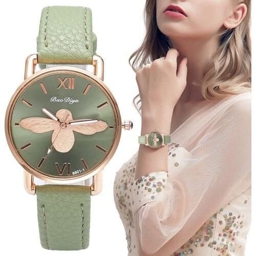 Simple Little bee Design Women Watches Vintage Green Leather Ladies Luxury Wristwatches Fashion Casual Female Quartz Clock