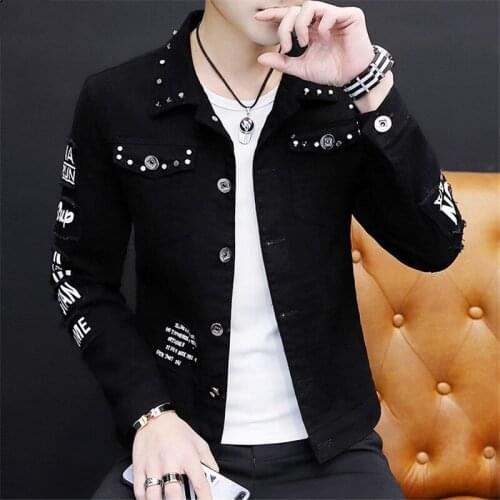 Men Denim Coat Spring Autumn Boy Stand Collar Jean Jackets Male Casual Streetwear Washed Rivet Punk Printed Cowboy Outerwear