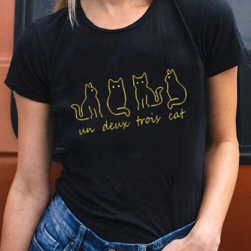 Golden Line Cute Cat Cartoon Graphic Printed T Shirts 2021 New Casual Aesthetic Asian Size O-neck Tee Gold Printing Cotton Tops